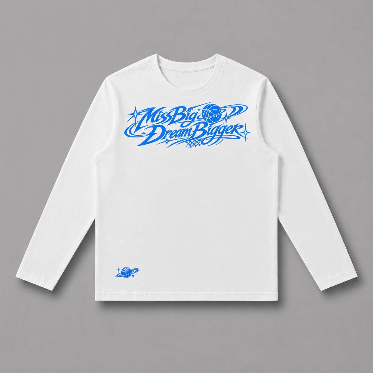 long sleeve T shirt blue font